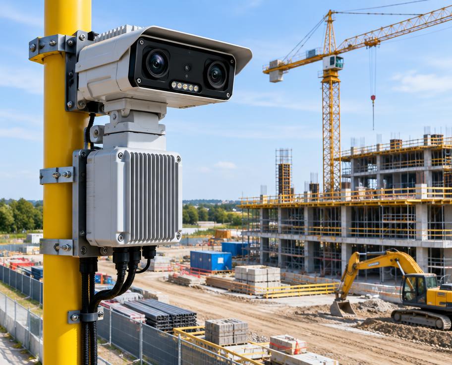 AI-enabled dual-lens security camera monitoring an active construction site