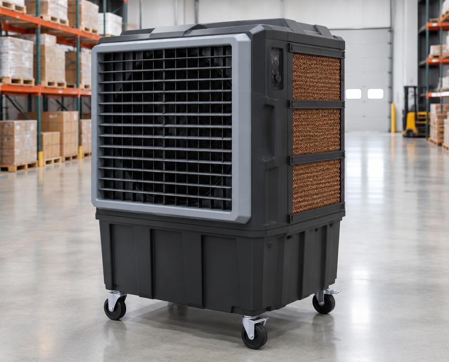Commercial evaporative air cooler on wheels in a warehouse