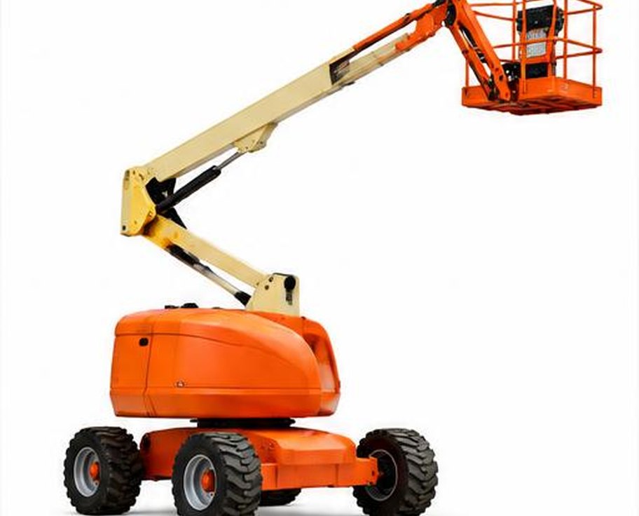 Orange articulated boom lift with elevated work basket