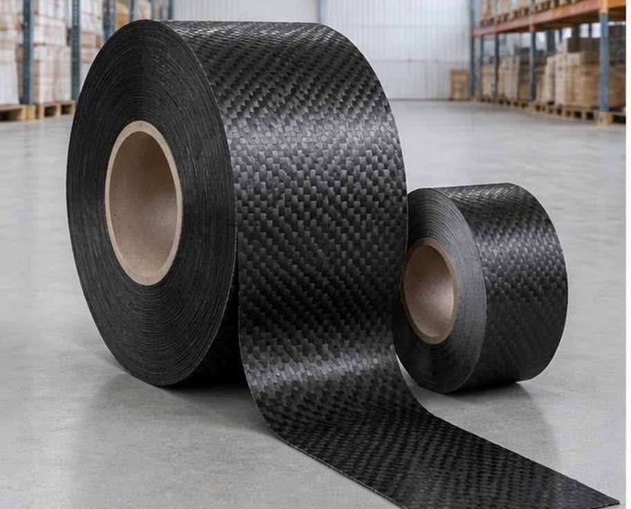 Carbon fiber structural reinforcement strip rolls in a warehouse