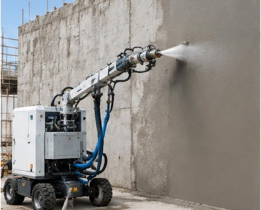 Mobile concrete plastering machine applying smooth render to a wall