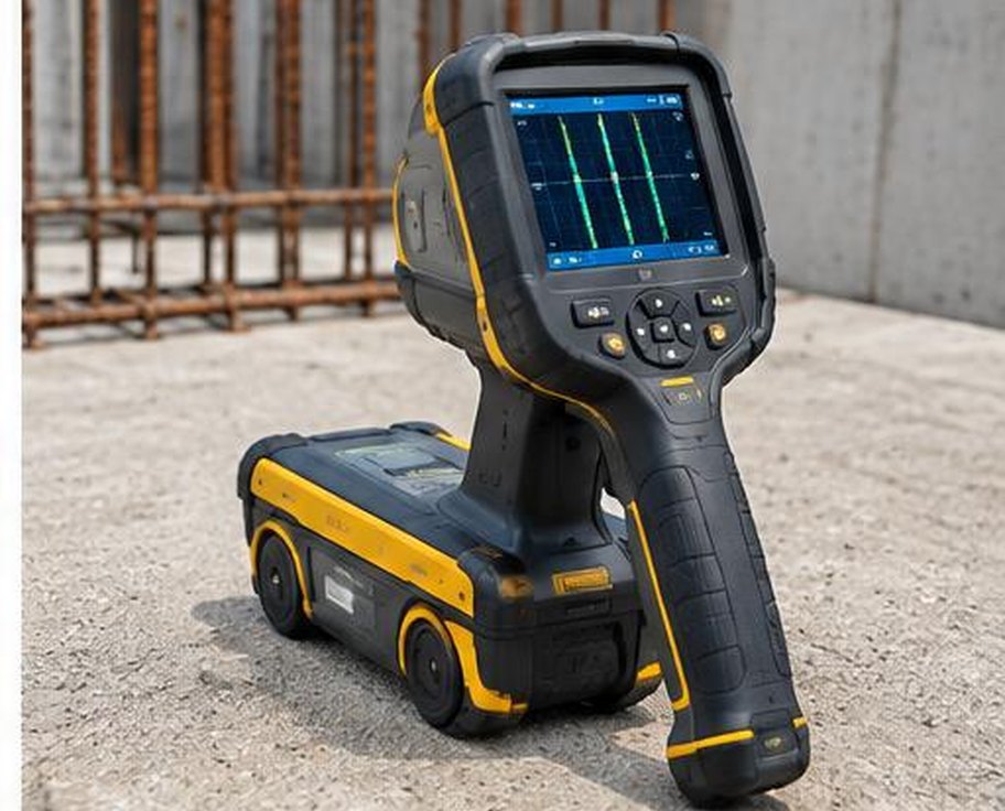 Handheld concrete rebar scanner beside an exposed reinforcement wall