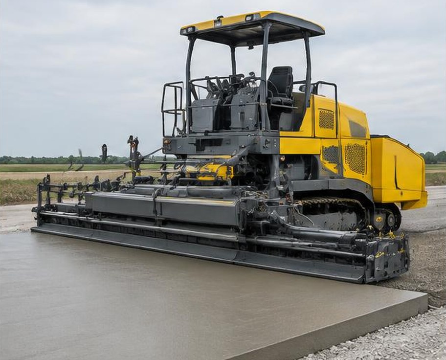Tracked concrete road paving machine on fresh slab