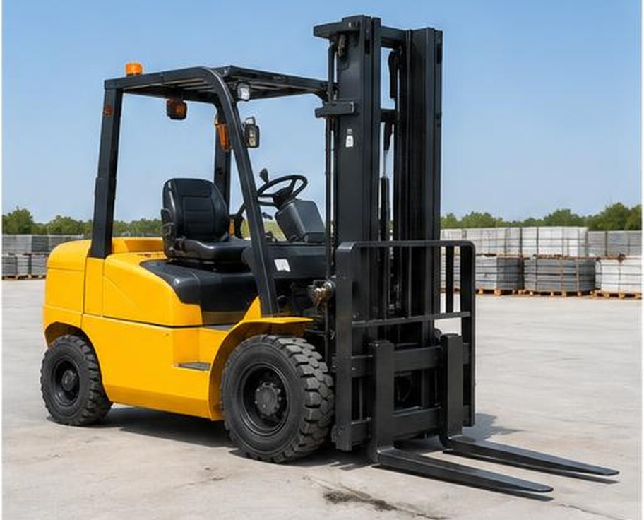 Yellow industrial diesel forklift with raised mast in a materials yard