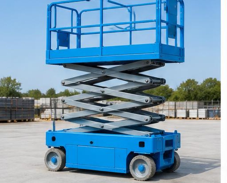 Blue electric scissor lift with elevated work platform