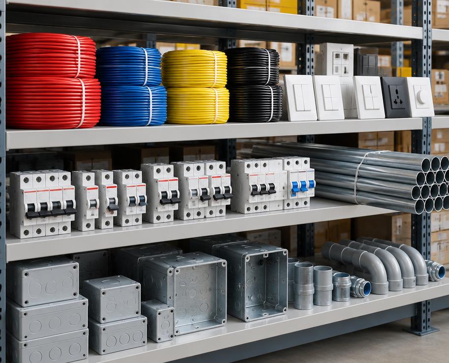 Electrical cables, switches, breakers, conduits and junction boxes on warehouse shelves