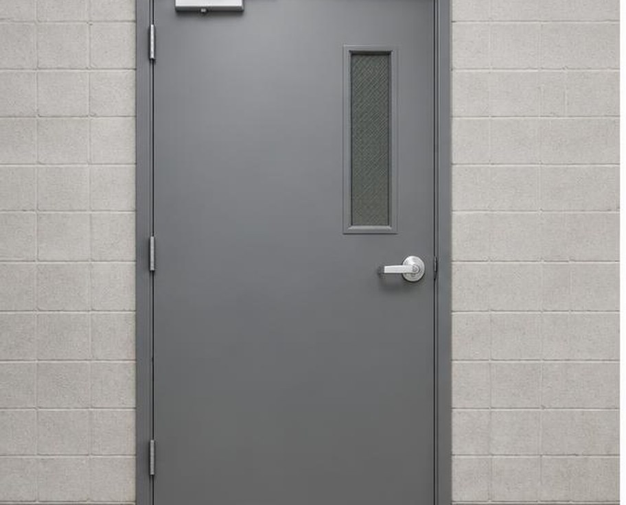 Grey fire rated steel door in masonry wall