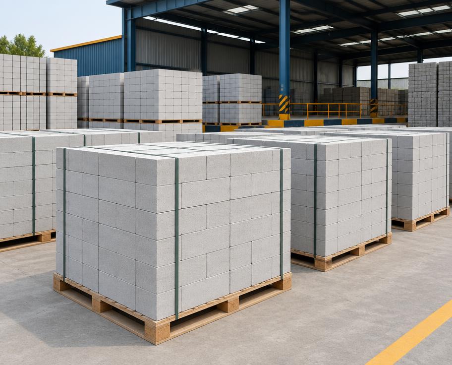 Pallets of high-strength grey fly ash bricks in a clean supply yard