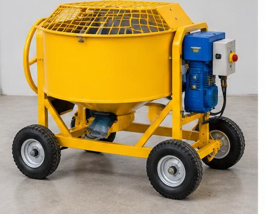 Portable forced-action mortar mixer with wheeled yellow mixing drum