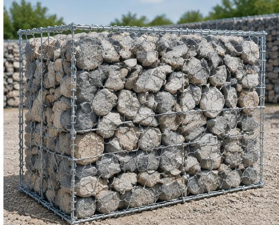 Galvanized wire gabion basket filled with stone