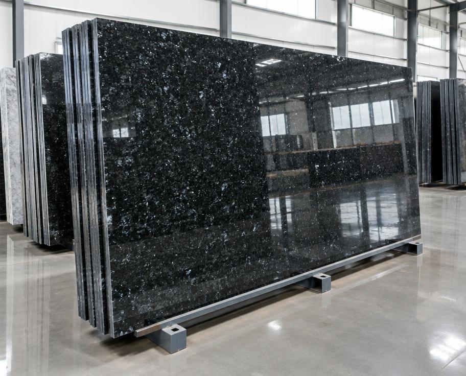 Polished natural stone slabs displayed upright at a building materials yard