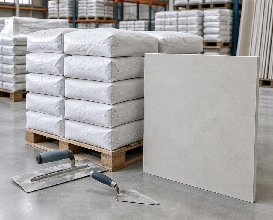 Gypsum plaster bags with a finishing trowel and smooth wall sample