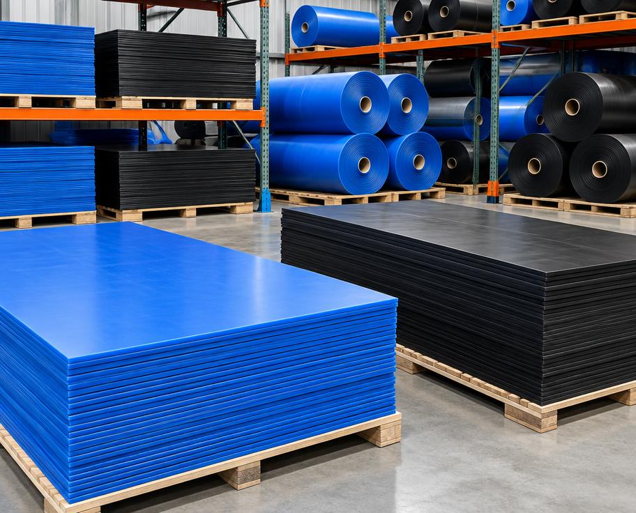 Blue and black industrial HDPE plastic sheets stacked in a warehouse