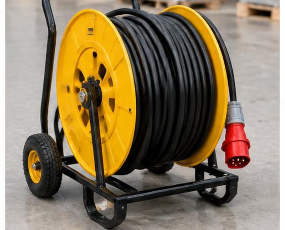 Heavy-duty industrial power cable reel on wheeled steel frame