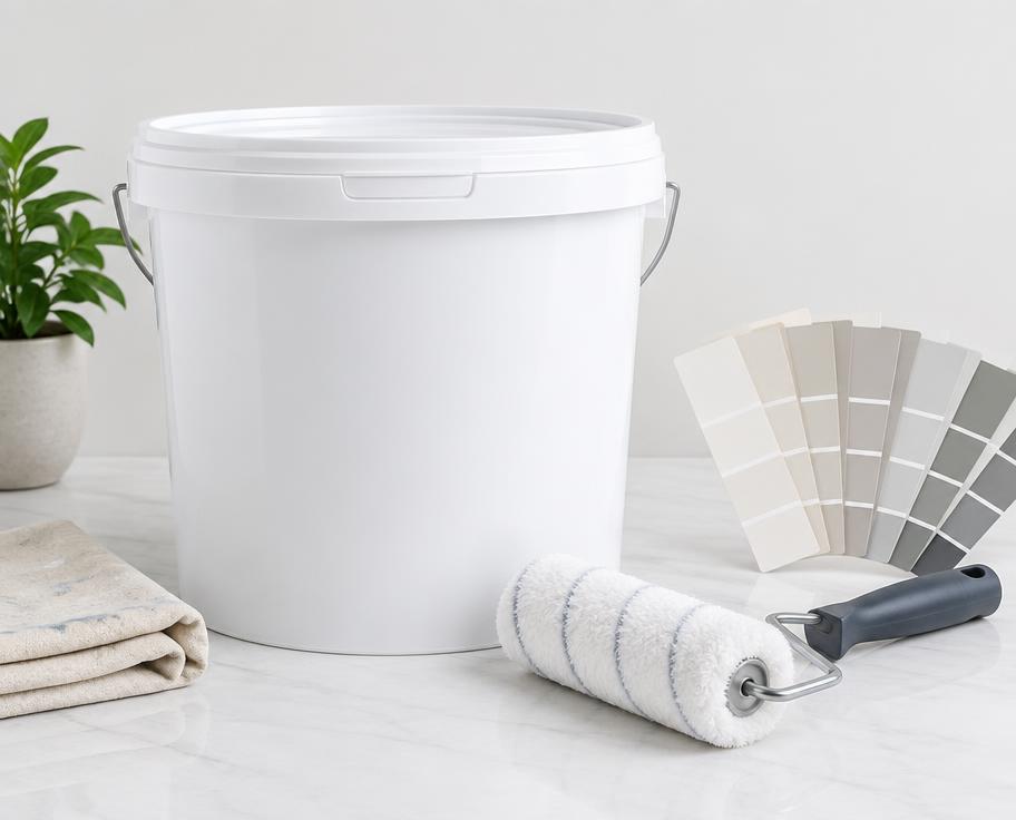 Paint buckets and finishing supplies in a clean materials warehouse
