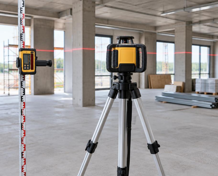 Professional rotary laser level on tripod with receiver and measuring staff