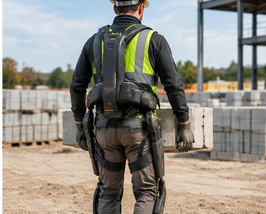 Worker wearing industrial lifting support exoskeleton