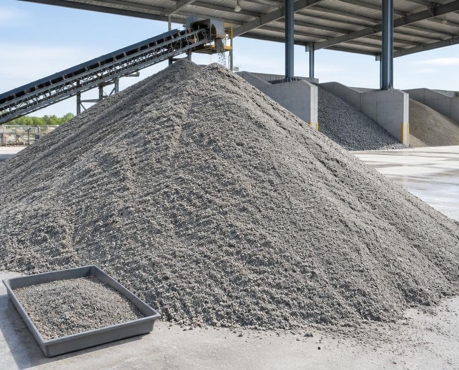 Clean manufactured construction sand stockpile beside aggregate grading equipment