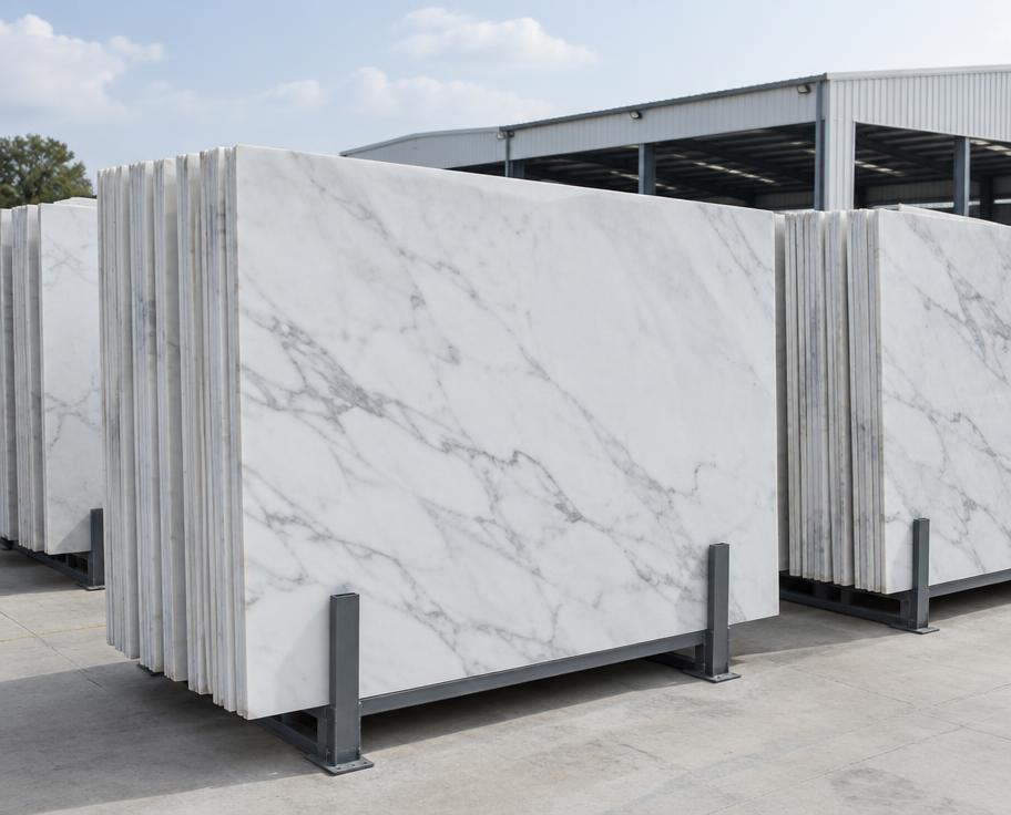 Polished white marble slabs displayed vertically in a stone warehouse