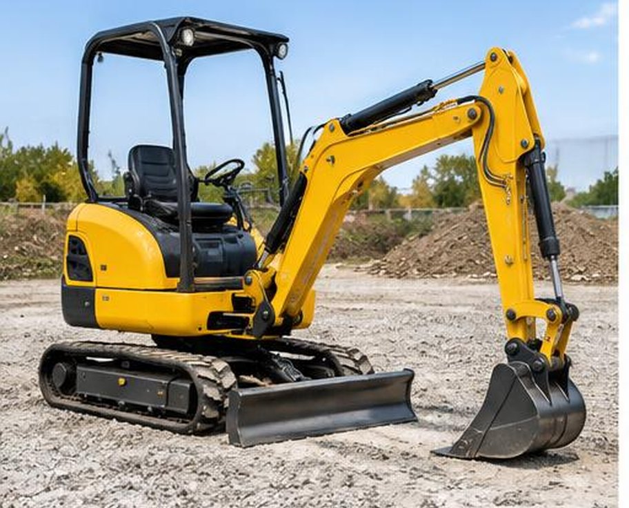 Compact yellow tracked mini excavator with dozer blade