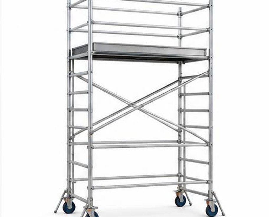 Mobile aluminium scaffold tower with guardrails and locking castors