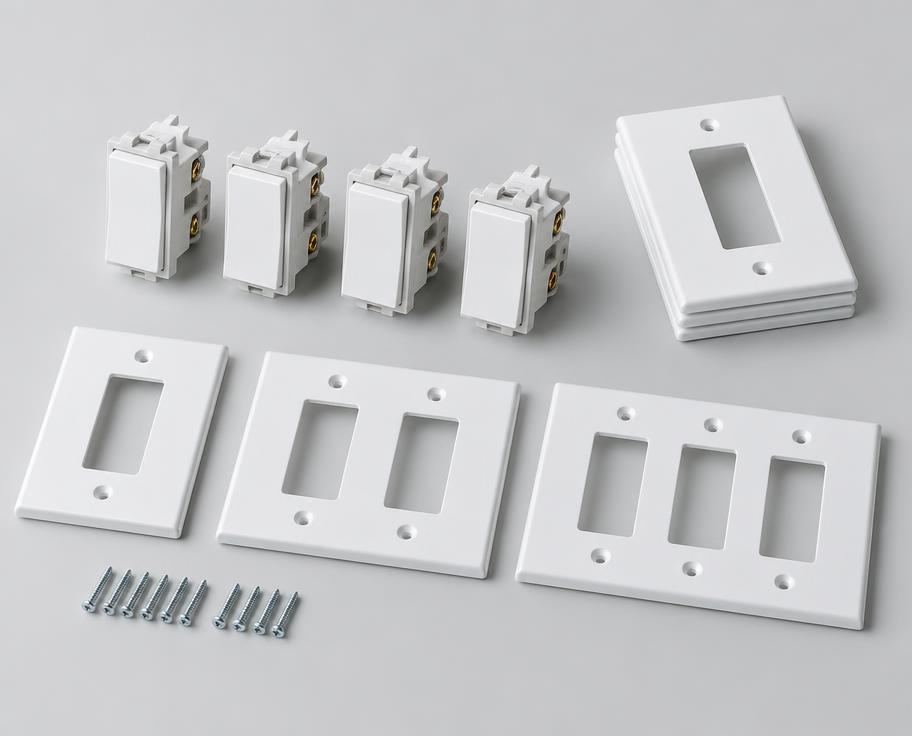 White modular electrical switches arranged on warehouse shelving