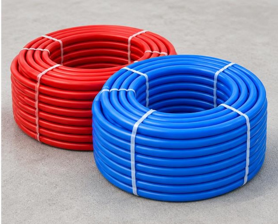 Red and blue coils of PEX plumbing pipe