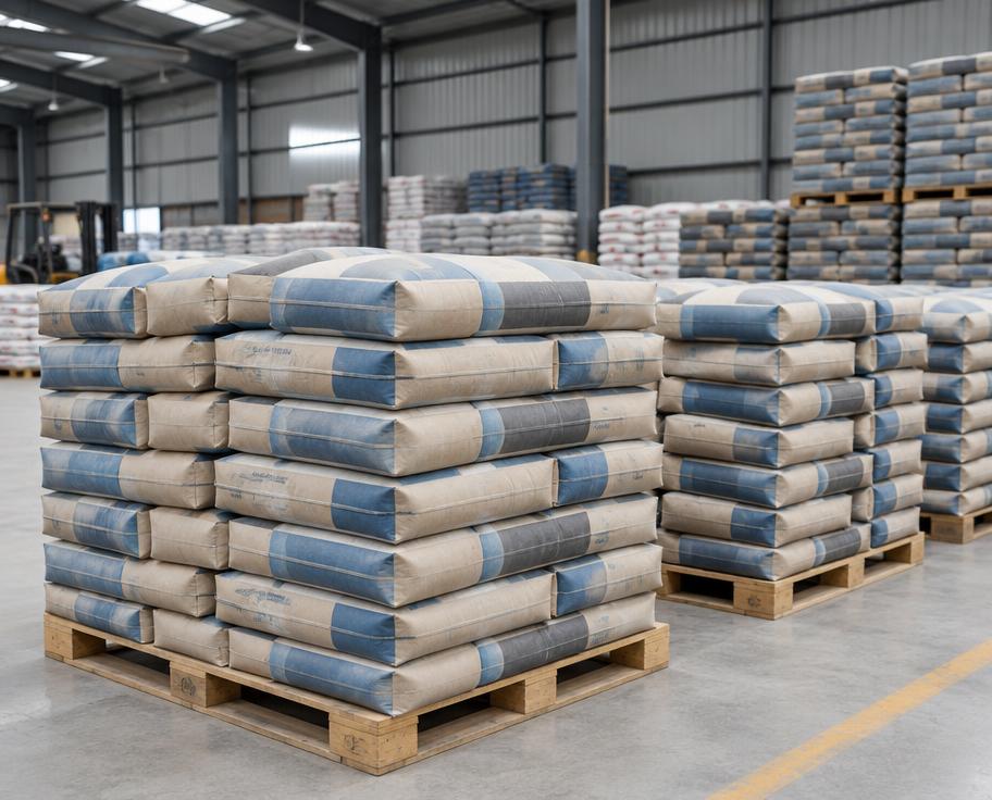 Pallets of PPC cement bags stored in a dry building materials warehouse