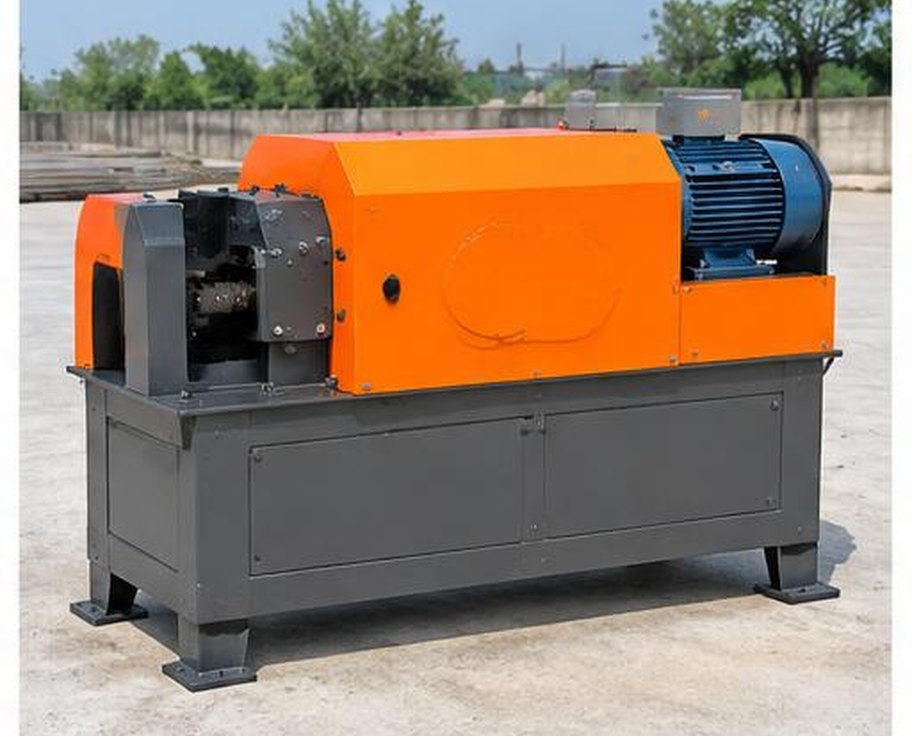 Industrial orange rebar cutting machine in a steel fabrication yard