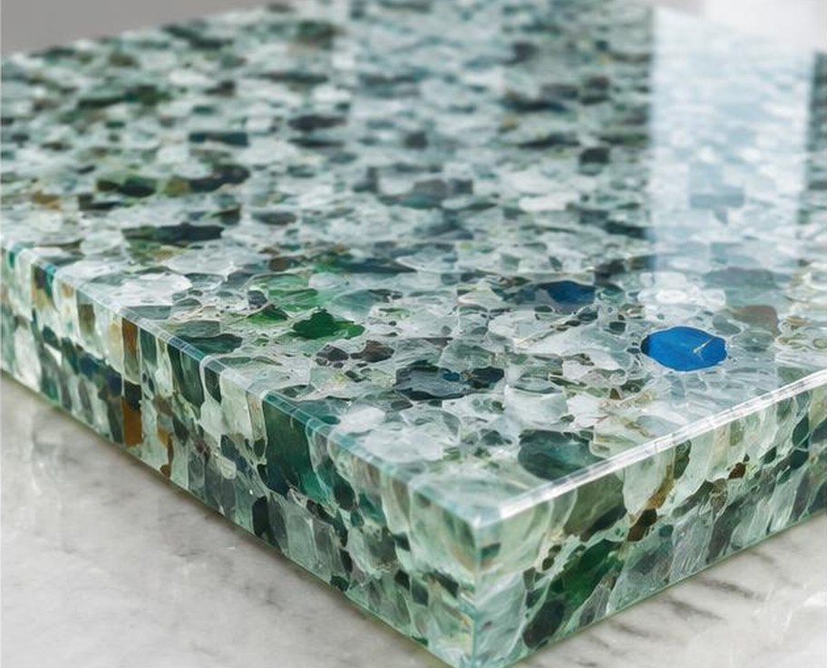Polished recycled glass countertop slab detail