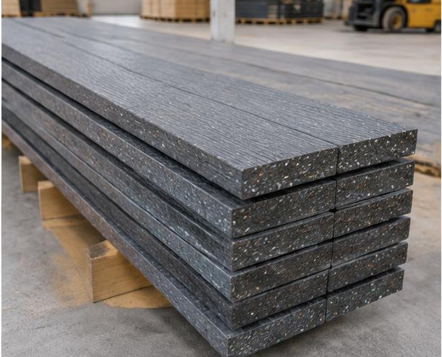 Stacked recycled plastic lumber boards