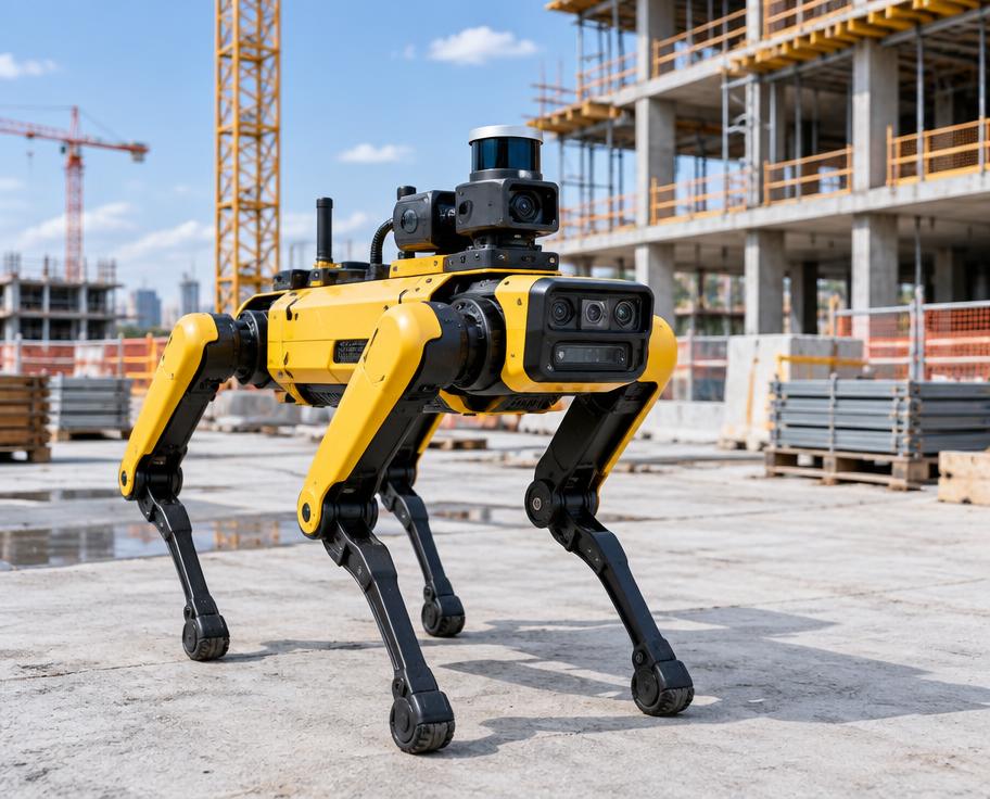 Four-legged robotic patrol dog inspecting an active construction site