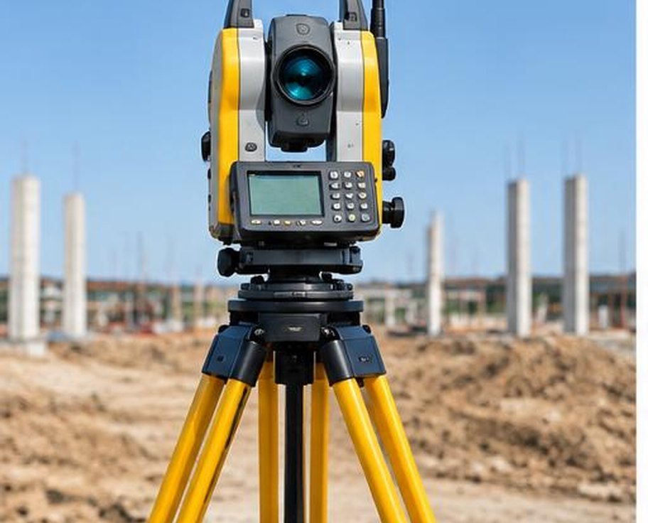 Robotic total station surveying instrument on a yellow tripod