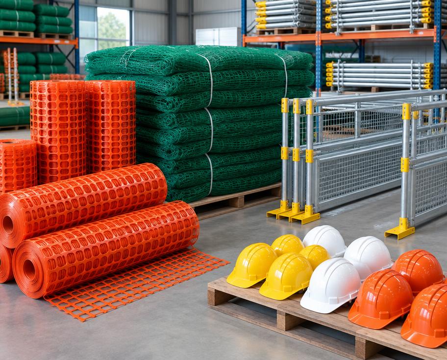 Construction safety helmets, barrier guards and safety nets in a warehouse