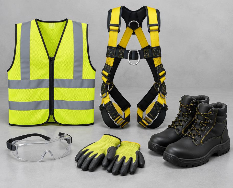 Construction safety gear kit with reflective vest, harness, goggles, gloves and boots