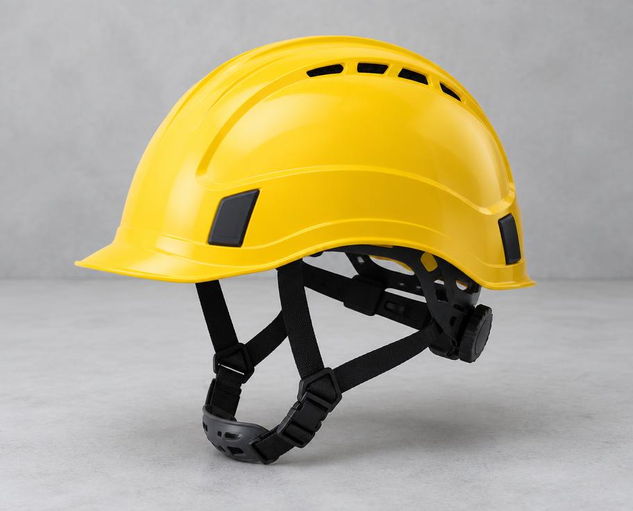Yellow industrial safety helmet with adjustable ratchet and chin strap