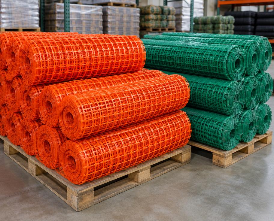 Orange and green construction safety net rolls in warehouse stock
