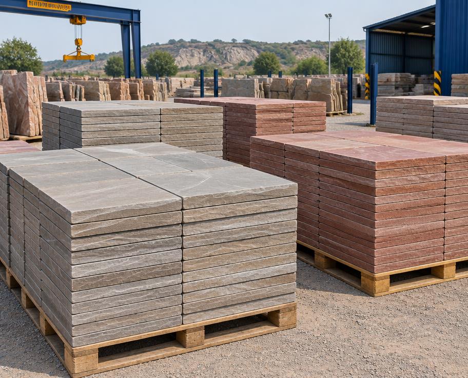 Grey and red natural sandstone paving slabs stacked on pallets