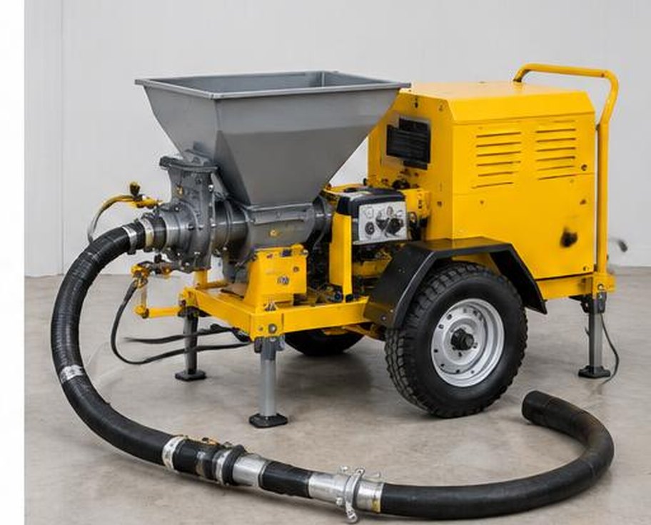 Wet-mix shotcrete spraying machine with material hopper and delivery hose