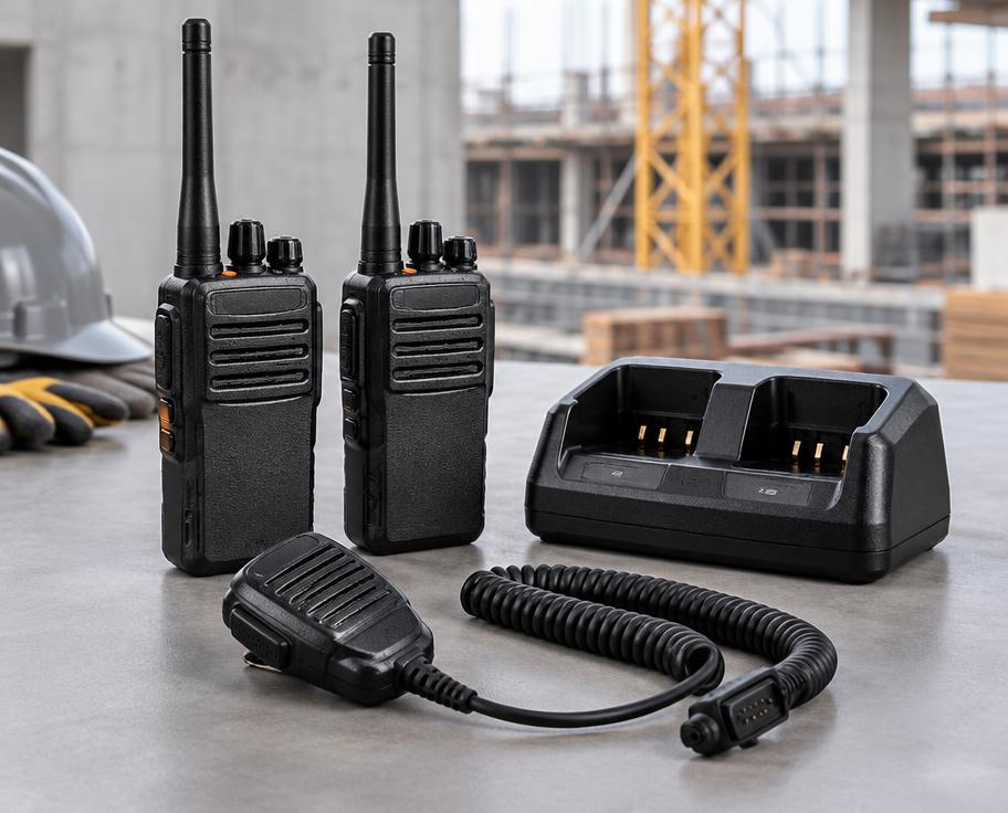 Rugged construction site two-way radios with charging dock and speaker microphone