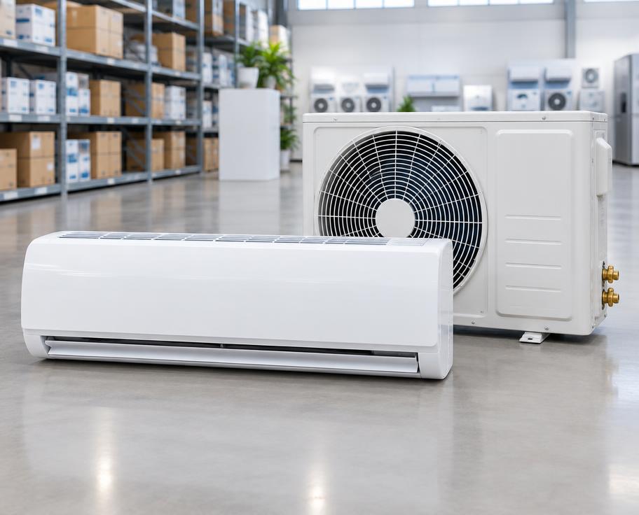 Split air conditioner indoor and outdoor units in a warehouse showroom