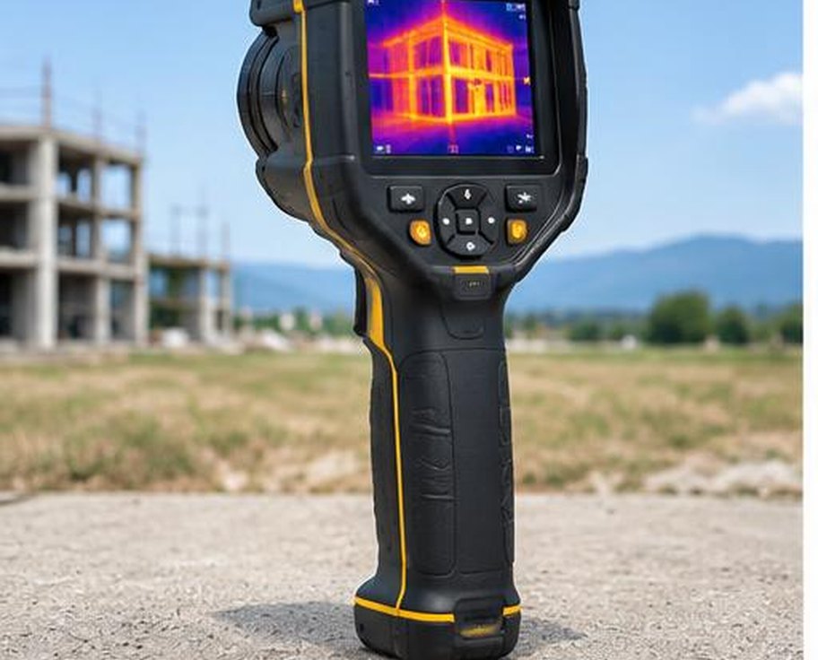 Rugged handheld thermal imaging camera showing a building heat map