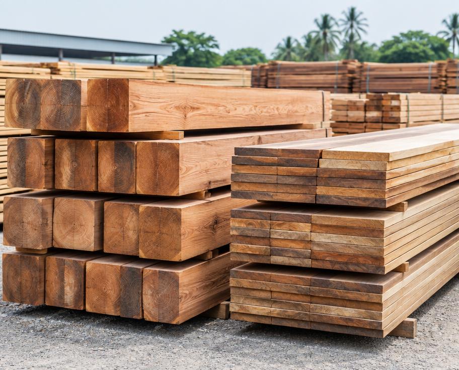 Construction-grade plywood sheets and dressed timber stacked in a warehouse