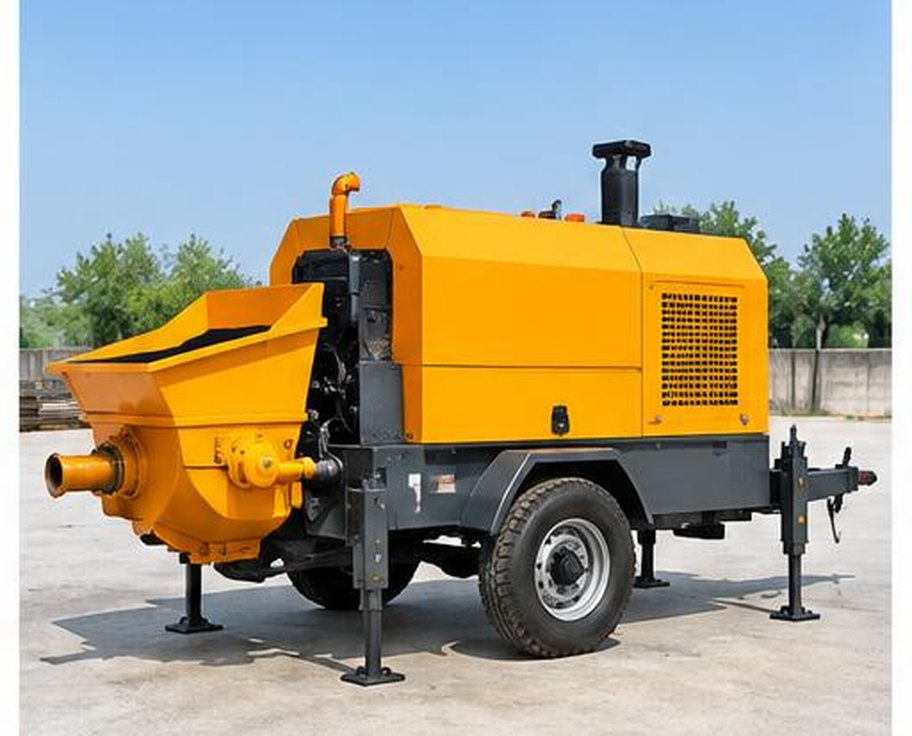 Yellow trailer-mounted concrete pump prepared in a construction yard