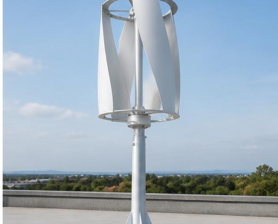 Compact vertical axis wind turbine under blue sky