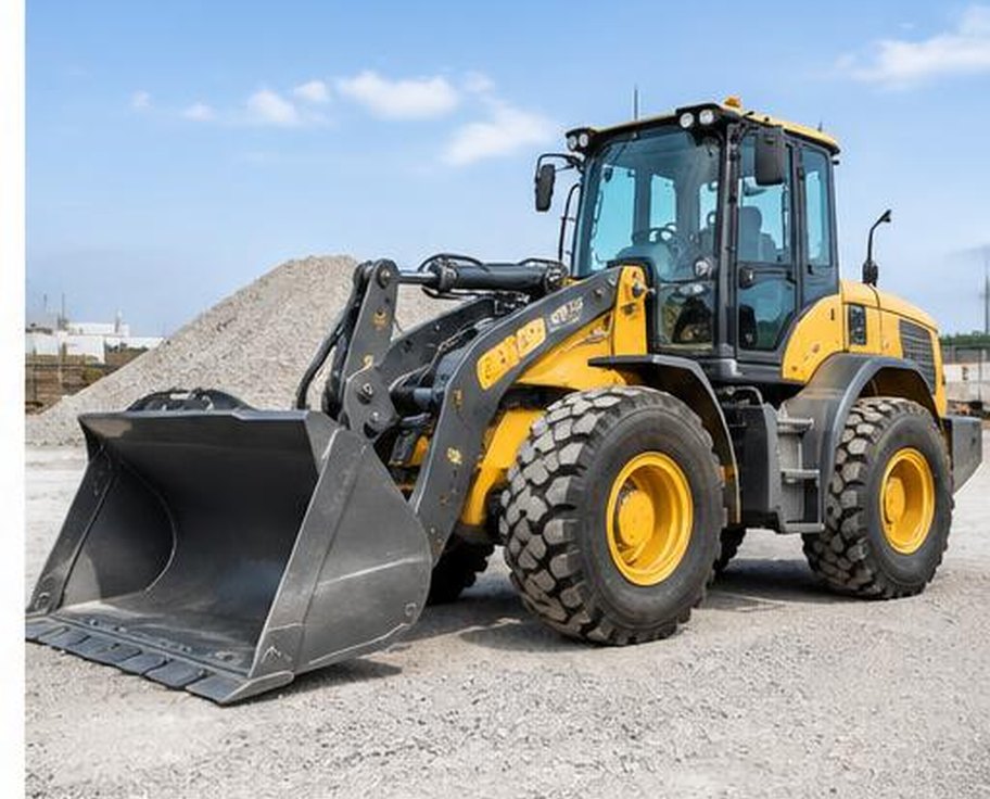 Articulated yellow wheel loader with large aggregate bucket